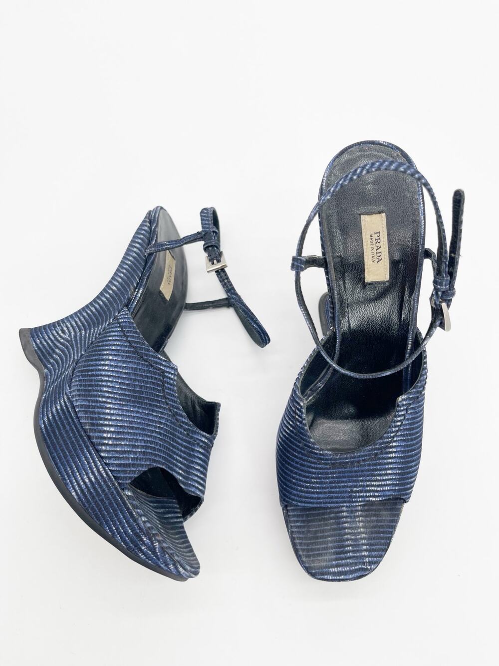 Prada Vintage Fall 2004 Runway Blue Wavy Striped Platform Wedge Sandals IT 37